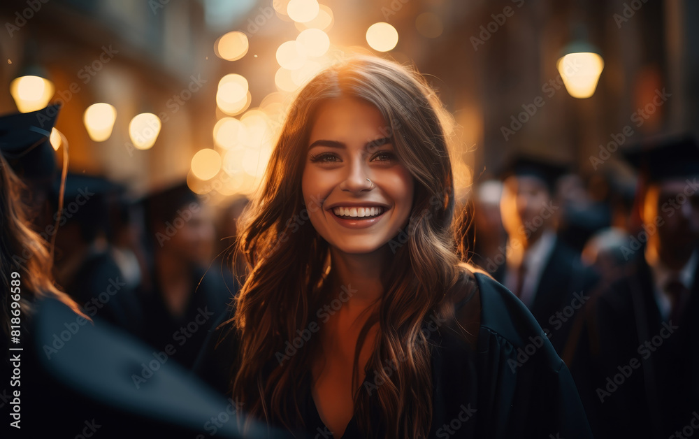 Joyful graduate with a beaming smile celebrating graduation day amidst friends in an outdoor ceremony, bathed in golden sunlight. Joyful graduate with a beaming smile celebrating graduation day amidst friends in an outdoor ceremony, bathed in golden sunlight.