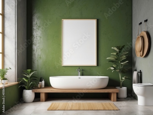 blank poster frame  rustic villa bathroom interior background  Citron Green wall background