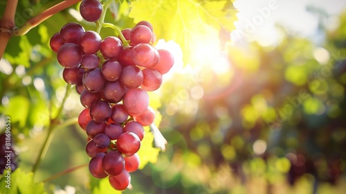 A cluster of ripe grapes hanging from a vine in a sunlit vineyard, with lush green foliage in the background, showcasing the natural beauty and bounty of a fruitful grape harvest. photo