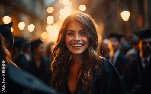 Joyful graduate with a beaming smile celebrating graduation day amidst friends in an outdoor ceremony, bathed in golden sunlight. © Naphol