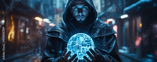 Mystical figure holding a glowing orb in a cyberpunk city at night, surrounded by neon lights and futuristic buildings.