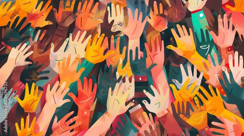 Illustration of Diverse Group of People With Hands Raised