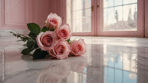 beautiful romantic bouquet of pink roses lying on shabby chic style chair 