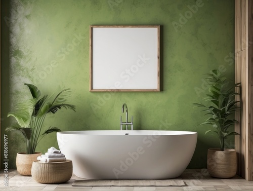 blank poster frame  rustic villa bathroom interior background  Citron Green wall background