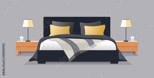 Modern black and golden bed room with furniture. and plaid. Bed, table, lamps. Vector illustration in flat style.