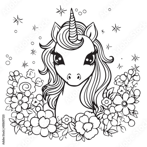 Beautiful cute unicorn with petals and flowers. Vector outline for coloring book. Cartoon coloring pages.