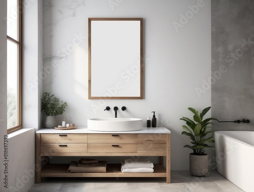 blank poster frame  rustic villa bathroom interior background  Off-White wall background