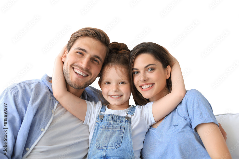 © ty - Positive friendly young parents with smiling little daughter sitting on sofa together while relaxing on a transparent background