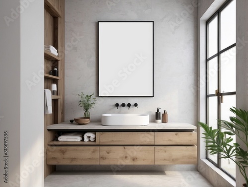 blank poster frame  rustic villa bathroom interior background  Off-White wall background