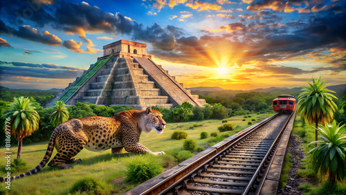 Mayan train with chichenitza, jaguar