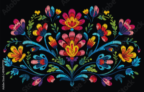 Mexican flower traditional pattern background. Mexican ethnic embroidery decoration ornament. Flower symmetry texture. Ornate folk graphic, wallpaper. 