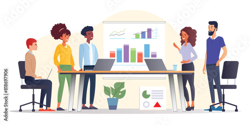 Business Startup Team Meeting. Vector cartoon illustration in a flat style of group of diverse people leading a discussion at a table near a whiteboard with charts and graphs. Isolated on background.