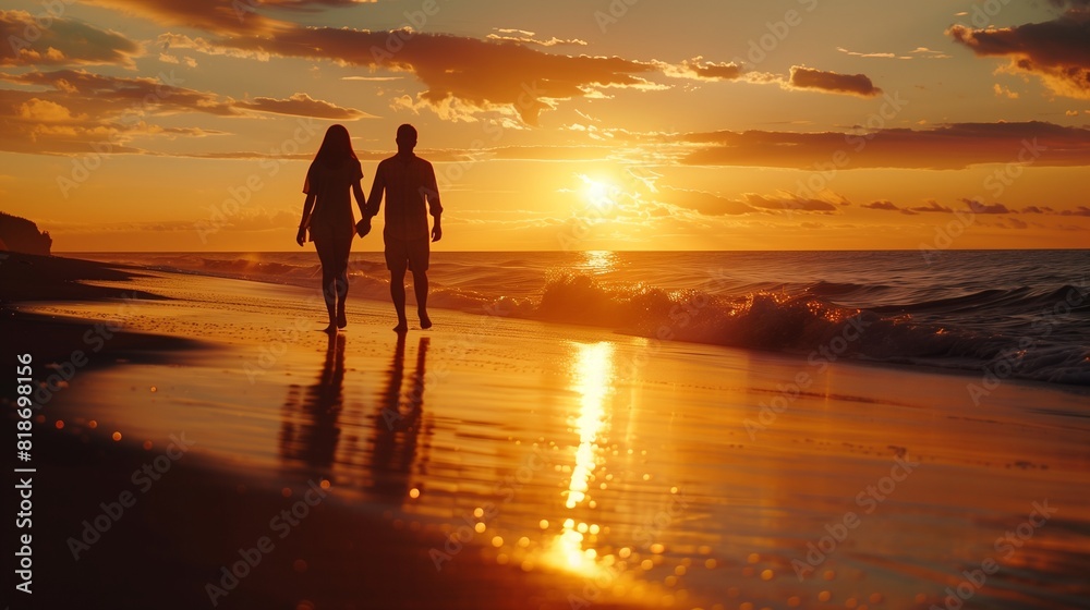 A couple holding hands during a romantic sunset walk on the beach, the warm glow of the sun reflecting their deep connection.