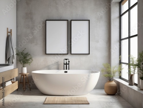 blank poster frame  rustic villa bathroom interior background  Off-White wall background