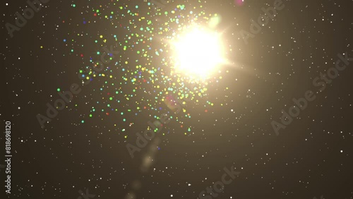 Perfectly seamless loop features glowing colorful particles sunlight  that float across the screen on stars sky. Motion graphic magic points beautiful on background.Sunlight flare ray floating sky