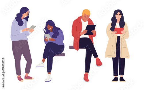 Illustrations of individuals holding and using mobile phones or tablets. Characters with smartphones in hand, featuring both men and women holding devices. Surfing the internet and chatting. 