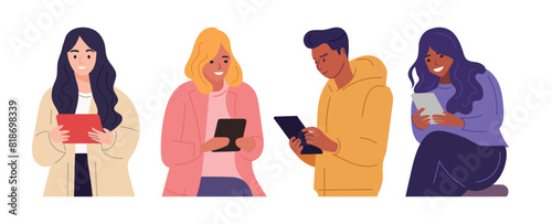 Illustrations of individuals holding and using mobile phones or tablets. Characters with smartphones in hand, featuring both men and women holding devices. Surfing the internet and chatting.