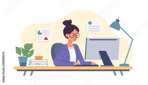A woman is busy at her computer desk, joyfully engaged in her work. She sits at her desktop PC, diligently typing and browsing the internet. Flat vector illustration depicts a content employee