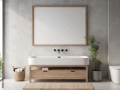 blank poster frame  rustic villa bathroom interior background  Off-White wall background