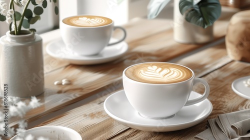 A cozy coffee shop setting with a latte art design on a cappuccino served in a white ceramic cup, showcasing a perfect balance of milk and espresso. photo