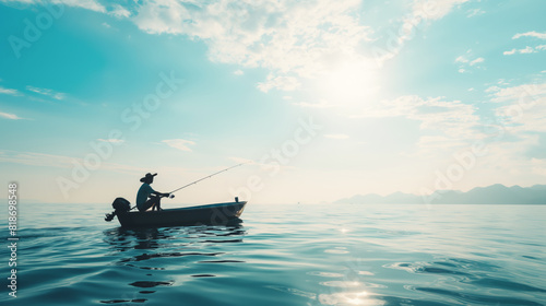 Silhouette of man fishing from small boat in calm open sea under bright sky. Distant mountains visible on horizon, sun high, water sparkling in sunlight