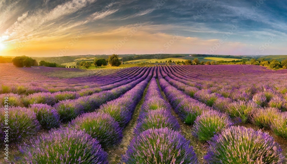 A panoramic view of a lavender field in full bloom at sunset.
A panoramic view of a lavender field in full bloom at sunset.