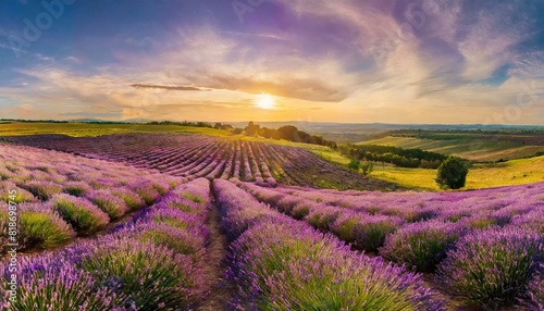 A panoramic view of a lavender field in full bloom at sunset. 