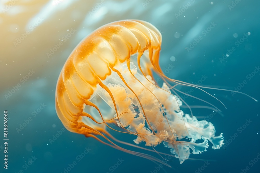 Fototapeta premium Orange Glowing Jellyfish with Long Trailing Tentacles in Blue Water