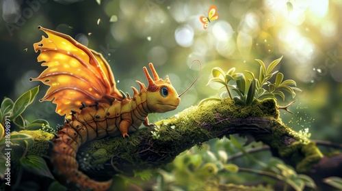 A caterpillar morphs into a dragon, wreaking havoc in the woods. photo
