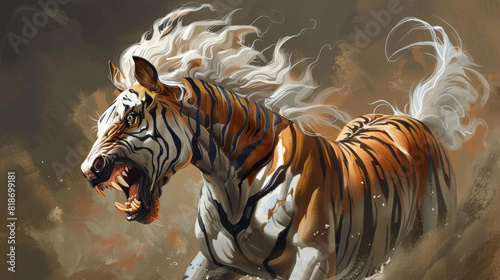 A mythical creature combining a horse with tiger fangs, blending grace and ferocity. photo