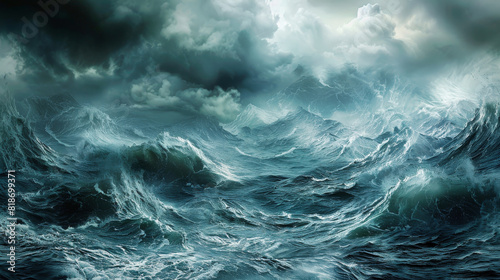 Stormy sea or ocean with big waves and storm clouds over it