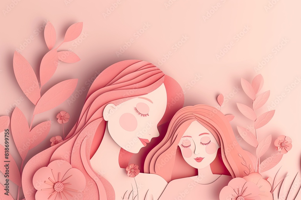 Minimal peach pink Mother's Day template in paper cut design. Young mother is cuddled by daughter. Concept of diverse family Minimal peach pink Mother's Day template in paper cut design. Young mother is cuddled by daughter. Concept of diverse family