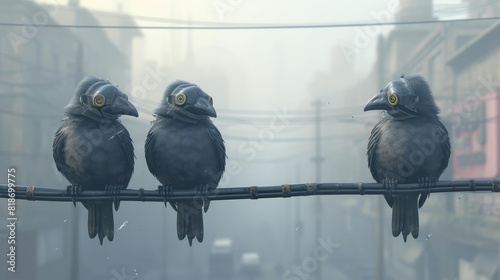 Three masked birds perch on a wire in a smogfilled city. © Crazy Juke