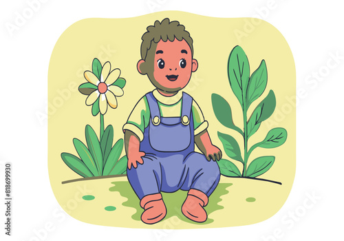 A cartoon baby is sitting in a garden with a flower