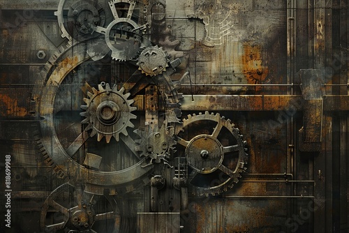 Industrial music: Stark, mechanical shapes and muted, gritty colors illustrating the raw and rhythmic energy, with abstract gears and factories © Izanbar MagicAI Art