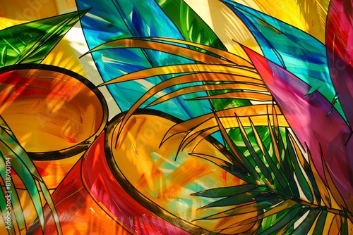 Vibrant, dynamic shapes and rich, tropical colors embodying the lively and infectious rhythms of calypso music, with abstract steel drums and palm fronds