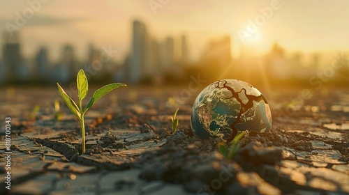 A cracked earth with a small plant growing out of it. The plant is surrounded by tall buildings. The image is a metaphor for the resilience of life in the face of adversity.