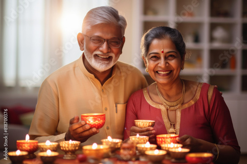 Loving senior couple of Indian ethnicity holding lighted Diya on the occasion of Diwali festival	
 photo