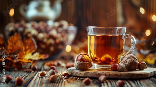 A cup of rich and robust hazelnut oil  showcased on a wooden table with cracked hazelnuts and autumn foliage in the background  exuding warmth and nutty flavors.