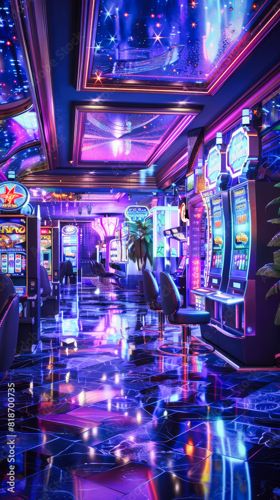 Fototapeta premium A casino with rows of slot machines illuminated by colorful lights