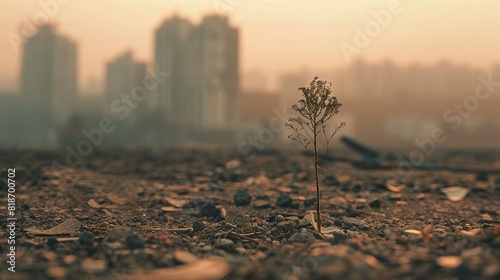 A small plant grows in a crack in the concrete. The plant is a symbol of hope and new life. photo
