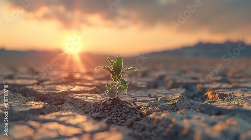 A small plant grows in the middle of a cracked desert plain. The sun sets in the background, casting a warm glow over the scene. photo