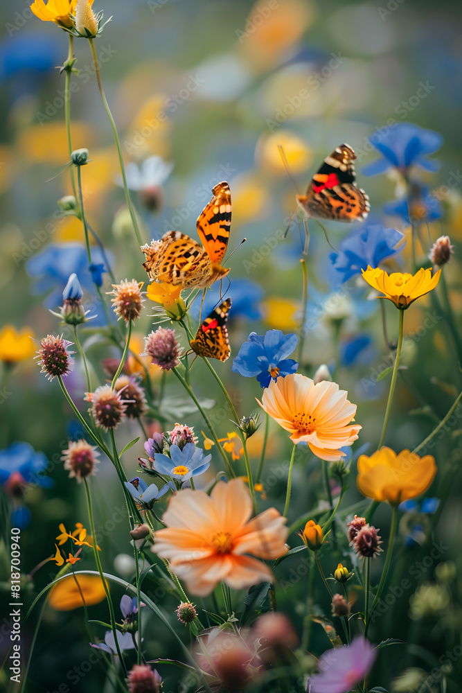 Close view of various colored poppies and daisies with butterflies and bees collecting nectar, nature and leaf concept, forest background concept, green plants, landscape concept