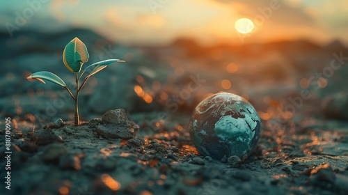 A small plant grows in the soil next to a small globe. The sun is setting in the background. The image is a symbol of hope for the future of our planet.