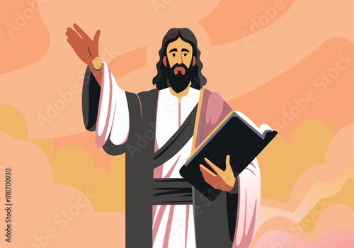 A man in a white robe holding a book and pointing to the sky