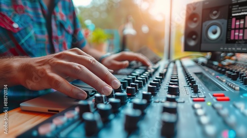 A close-up of a mixing console device used by a man working as professional sound engineer