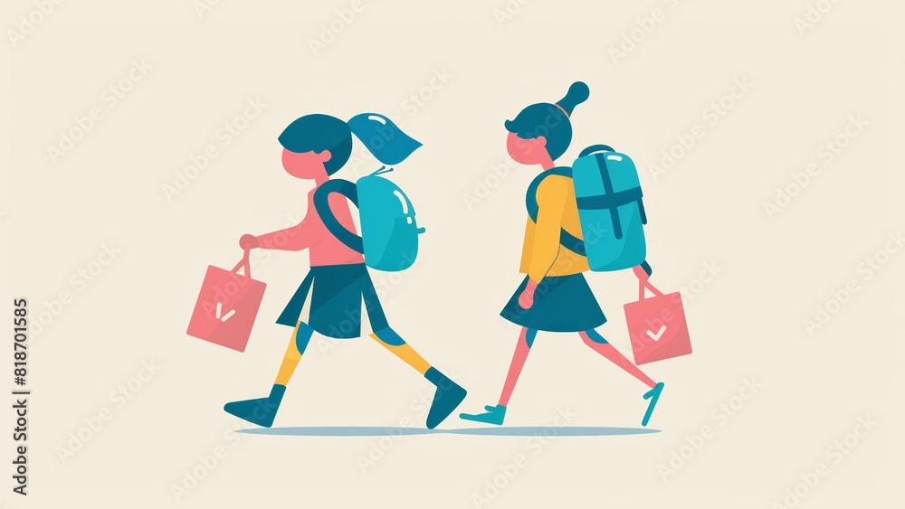 a flat vector illustration of two school kids walking on a blank colorful background