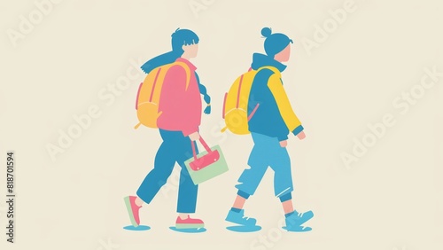 a flat vector illustration of two school kids walking on a blank colorful background