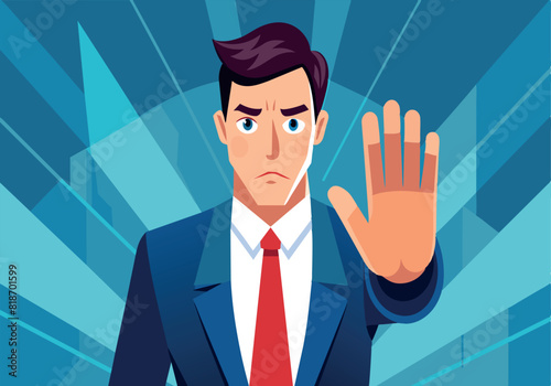 A man in a suit is holding up his hand to stop something