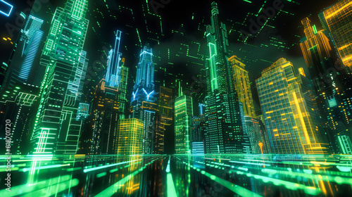 A digital cityscape with holographic elements and circuit patterns